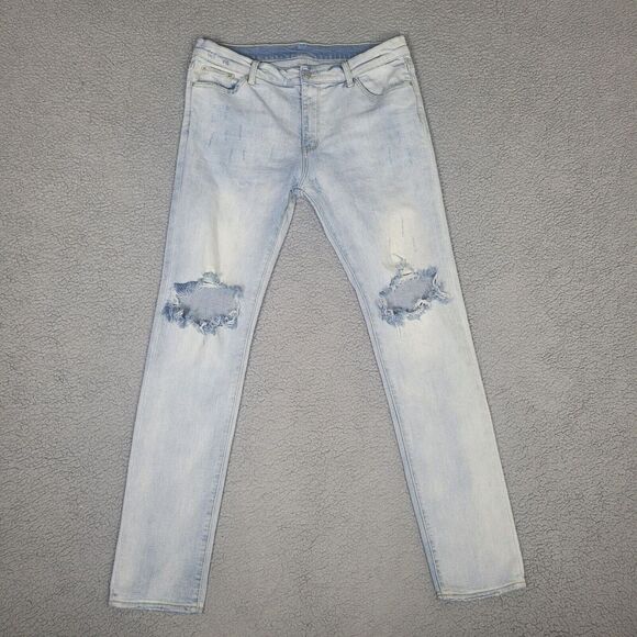 MNML Jeans Mens 36 Light Blue Denim Distressed Faded Slim Streetwear Slim Skinny - Picture 1 of 10